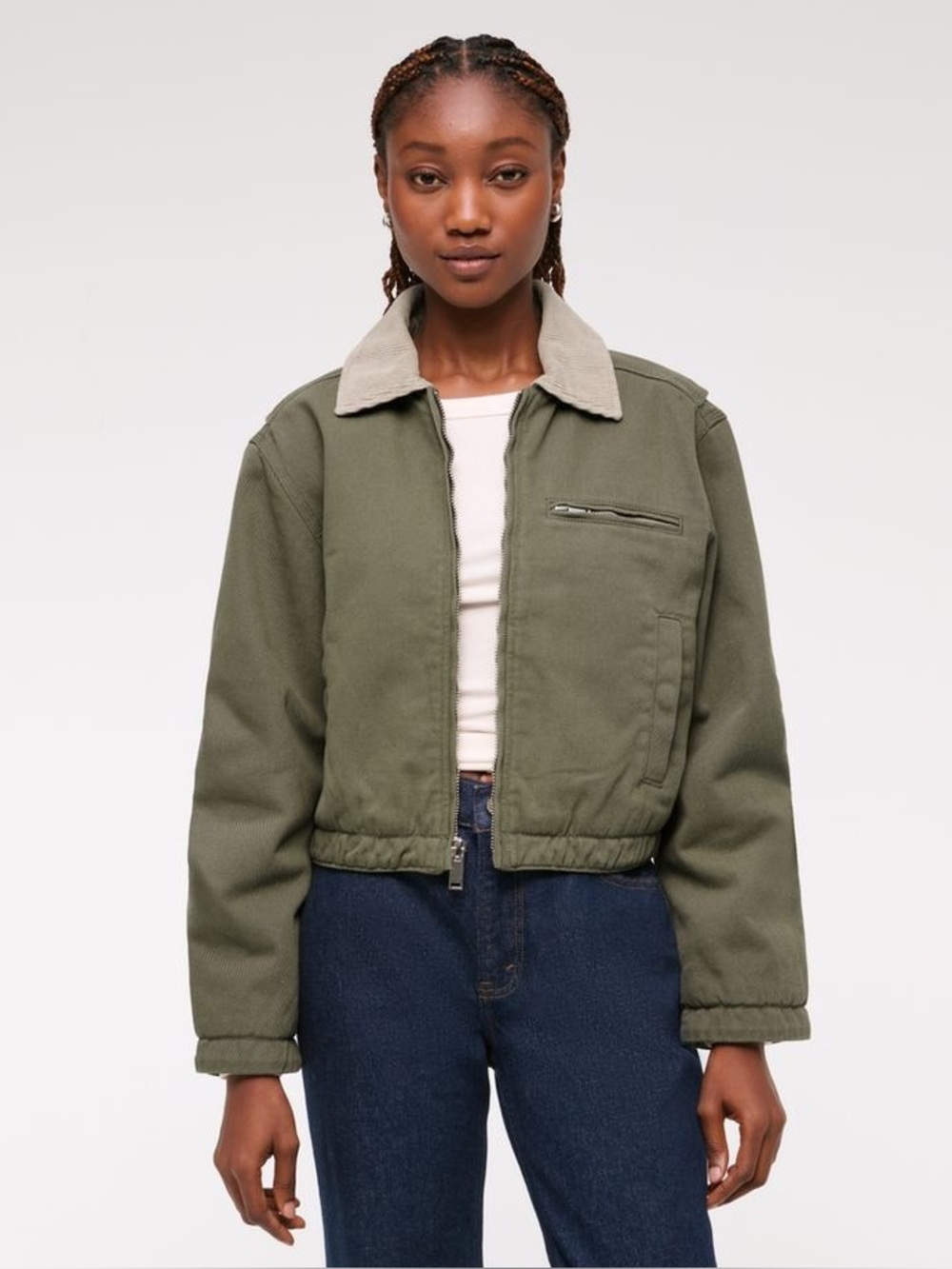 Abercrombie & Fitch Cropped Twill Workwear Jacket w/Corduroy Collar